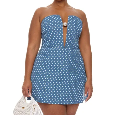 Fashion Nova Denise Pearl Strapless V-Neck Denim Mini Dress