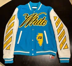 Off-White Men's World Leather Varsity Jacket Turquoise Yellow Size XXL
