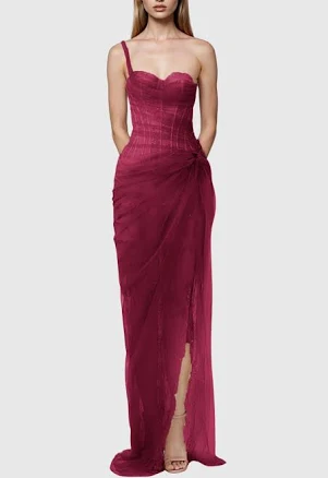 Innovare Denim Dechen One Shoulder Corset Mesh Maxi Dress