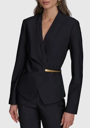 Donna Karan Women's Collarless Wrap Jacket with Gold Bar Hardware
