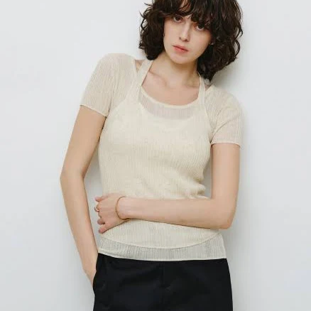 MONGDOL Ribbed Halter Neck Tank Top & Short Sleeve Knit