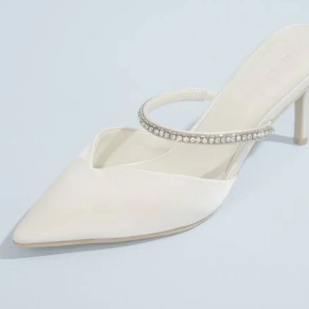 Oleg Cassini Crystal Strap Pointed Toe Satin Mules in Ivory | Size: 7 | David's Bridal
