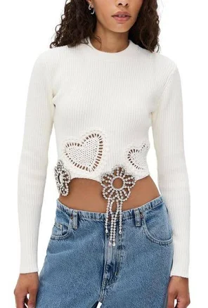 AREA Crystal Crochet Flower Cropped Sweater
