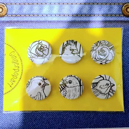 Set of six pin badges. Handmade and full of colour to brighten up tops, bags, straps and anything you fancy putting them on!! These are 25mm