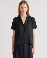 Quince Women's Washable Stretch Mulberry Silk Short Sleeve Notch Collar Blouse