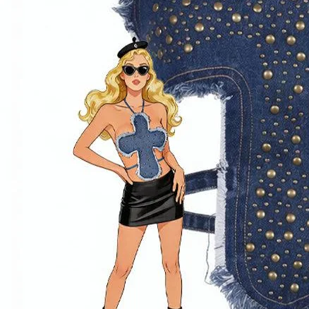 Denim Cross Studded Halter Crop Top