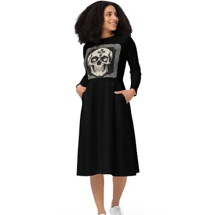 Skull and Cross Goth Long Sleeve Midi Dress