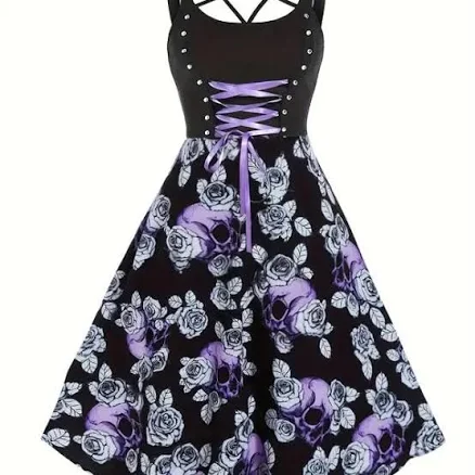 Ladies Lace Up Criss Cross Floral & Skull Print Dress