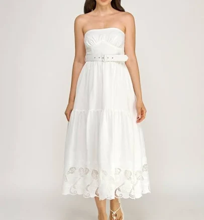 Row A Juniors Strapless Sweetheart Neck Lazer Cutout Hem Belted Midi Dress