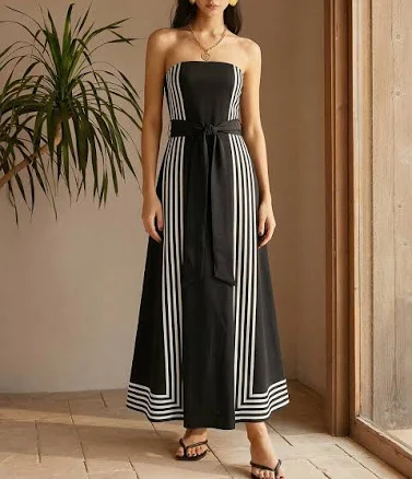 Strapless Belted Striped Midi Dress