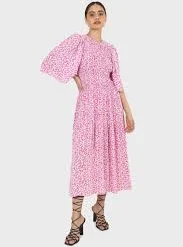 Pink tiny flower smocked bodice midi dress - S/M