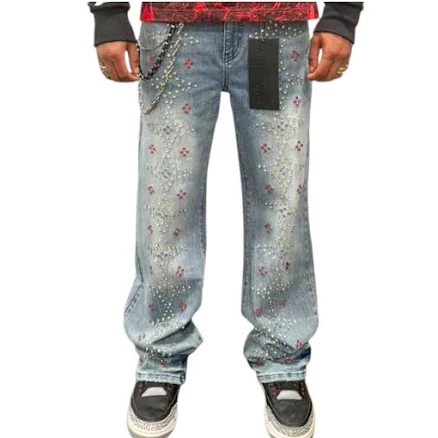 Premium Milano Mens Loose Fit Star Spangled Banner Stacked Jeans PMJ32F25-116 Blue Washed 28