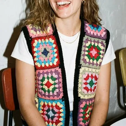 Retro 70s Boho Handmade Crochet Granny Square Waistcoat