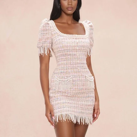 Fashion Nova Elaina Square Neck Tweed Mini Dress