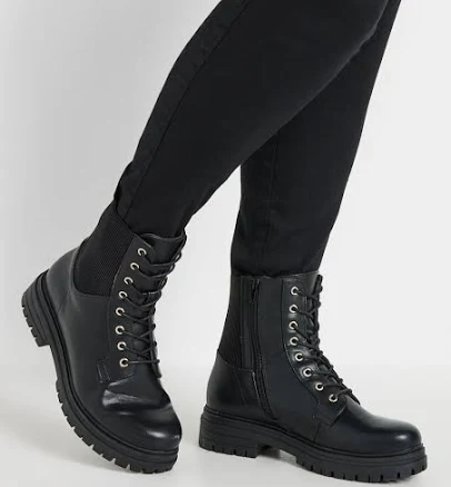 Yours Women's Black Stretch Panel Lace Up Chunky Boots In Wide E Fit & Extra Wide EEE Fit