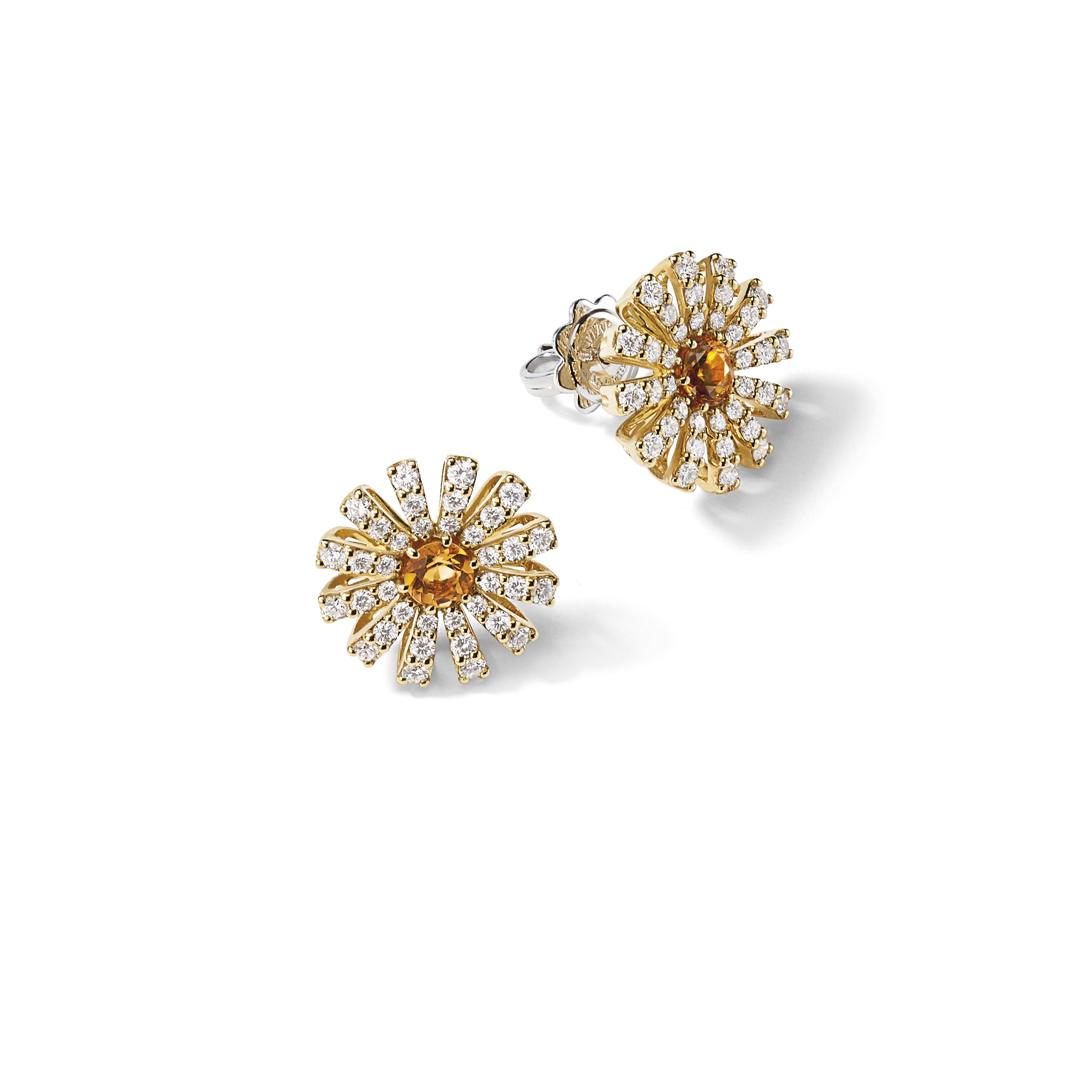 Yellow gold, diamonds and citrine quartz earrings, 14 mm.