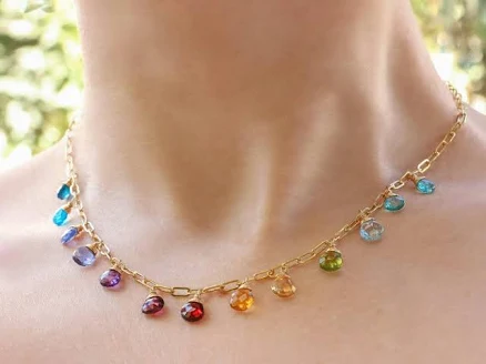 Valltasy 14K Solid Gold Rainbow Drop Gemstone Necklace