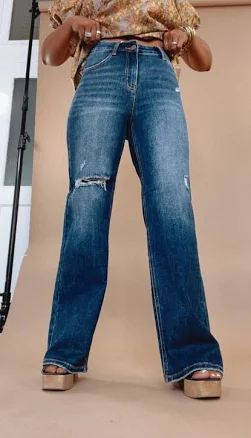 RISEN High Rise Wide Leg Distressed Jeans