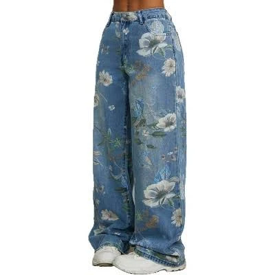 Women's Mid Waist Boho Floral Print Wide Leg Jeans