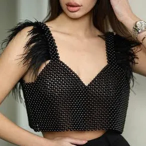 Pearl Beaded Ostrich Feather Crop Top