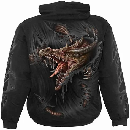 Black Gothic Dragon Hoodie Pullover Sweatshirt With Ripped Fantasy