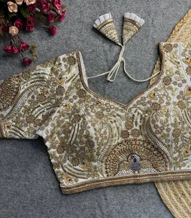 Peacock Embroidered Silk Saree Blouse with Back Open