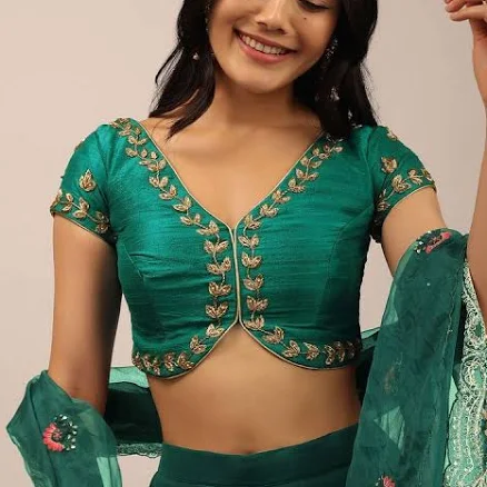 Peacock Raw Silk Blouse with Zardosi Embroidery and Diamond Cut Out