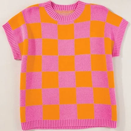 Checkered Round Neck Short Sleeve Plaid Sweater