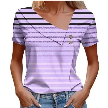 Women's Asymmetrical V-Neck Striped Short Sleeve Top