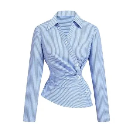 Katigan Women'S Striped Button Down Blouse Long Sleeve Ruched Wrap Asymmetrical Shirts Sky Blue XL