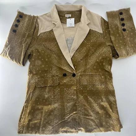 Pol Olive Green Paisley Print Boho Blazer Jacket Star Patch Linen