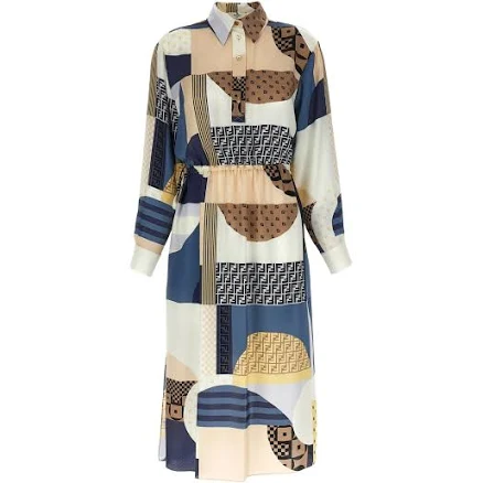 Fendi Geometric-Print Silk Belted Dress