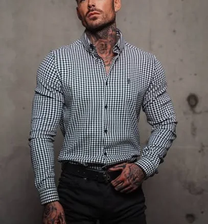 Dogtooth Check Long Sleeve Button Down Collar