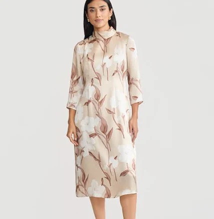 A-Line Floral Print Silk Midi Dress