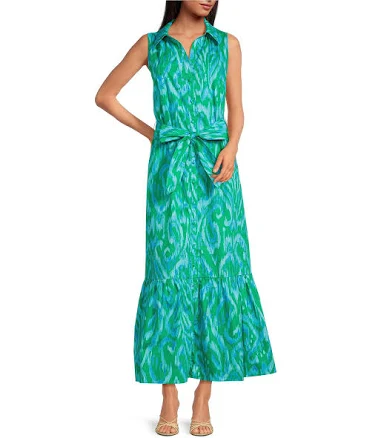 Sugarlips Size Penola Cileah Printed Collared Sleeveless Poplin Maxi Shirt Dress Womens