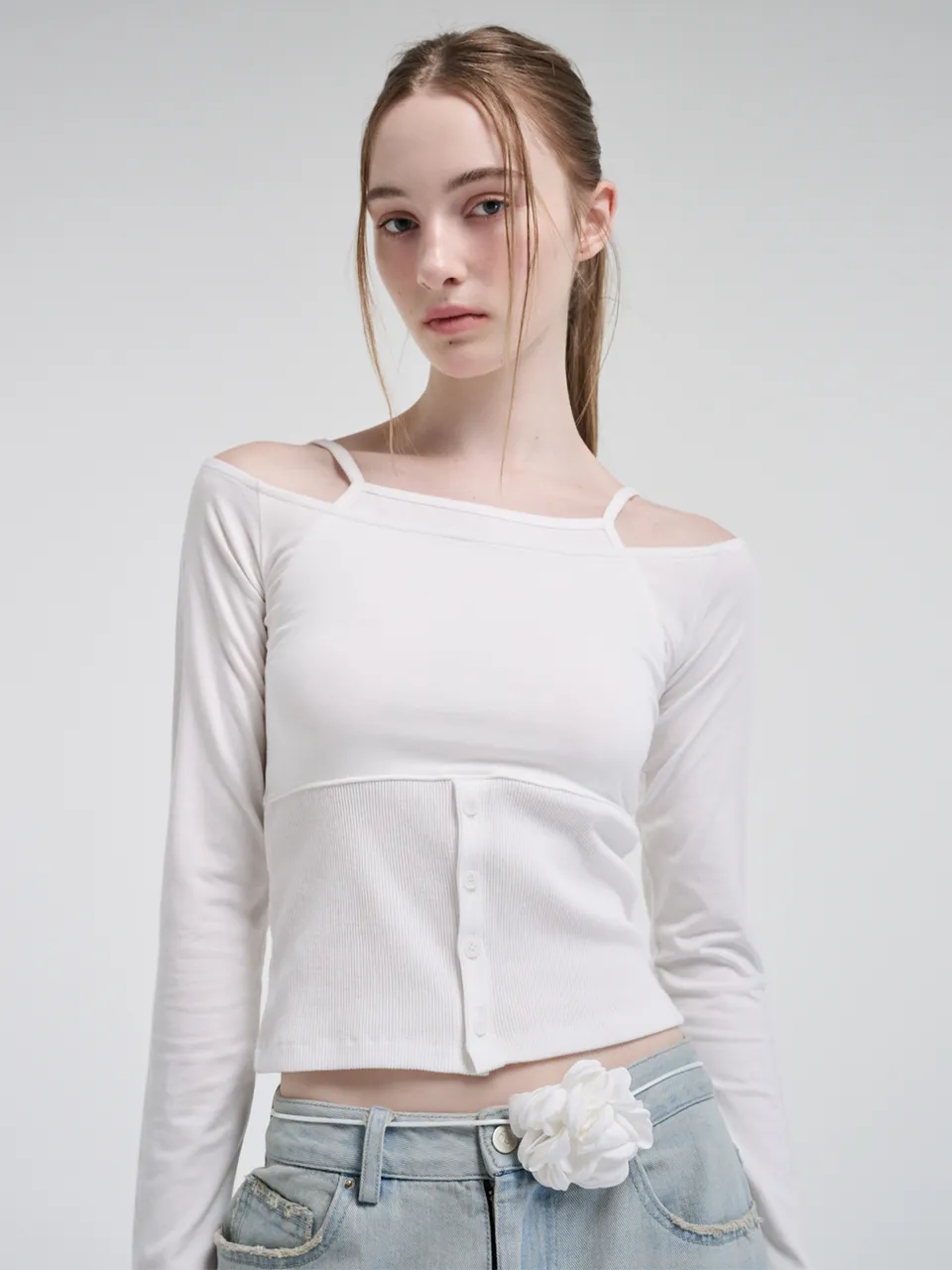 Layered Button T-Shirt, White