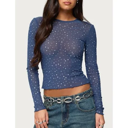 Edikted Women's Anari Rhinestone Mesh Top