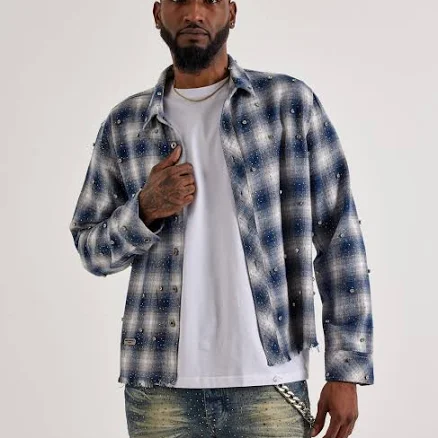 Preme Men's Studded Plaid Woven Shirt