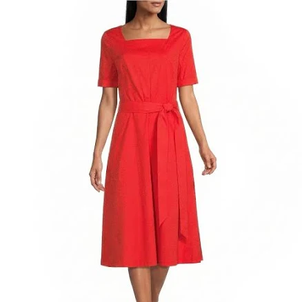 Poplin Short Sleeve Square Neck Tie Belt Midi Dress