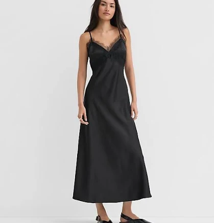 Loft Women's Lace Trim Satin Midi Slip Dress