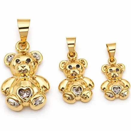 14K Solid Gold Bear Heart CZ Necklace
