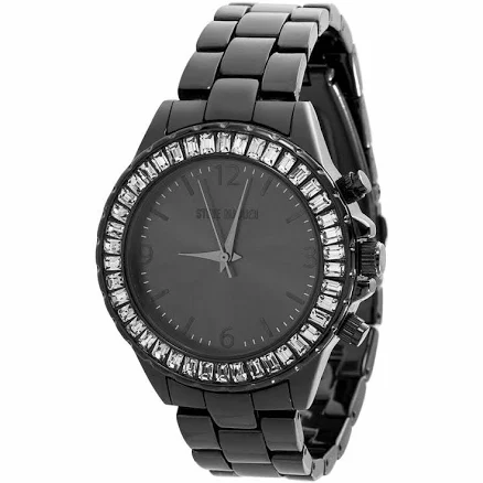 Steve Madden Gun Metal Crystal Ring Link Band Watch F1190