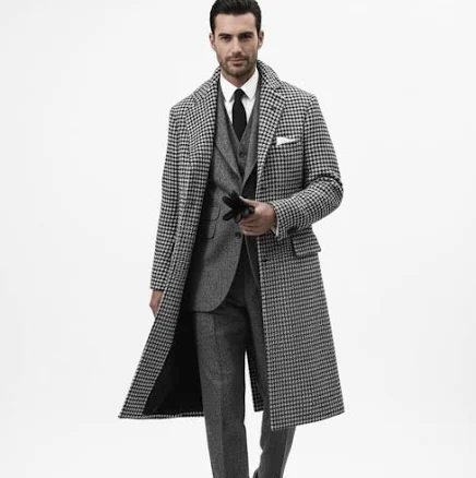 Men's Houndstooth Checker Wool Overcoat