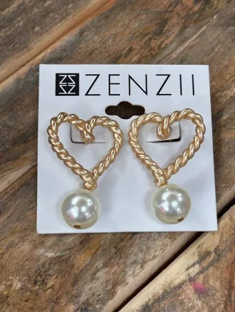 TWISTED ROPE HEART EARRING WITH PEARL BEAD DROP
