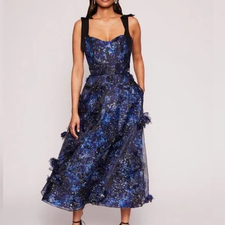 Marchesa Dresses | Beautiful Marchesa Foiled Garden Midi Dress Size 2. New With Tags, Never Worn. | Color: Black/Blue | Size: 2 | Blitzdevil06's