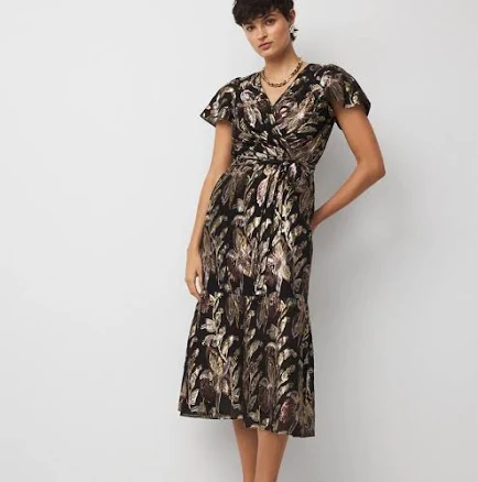 White House Black Market Metallic Floral Surplice Midi Dress