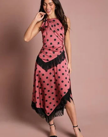 Coast Women's Halter Neck Polka Dot Fringe Satin Midi Dress