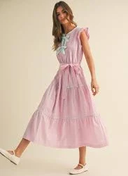 Pin Tuck And Bow Detail Midi Dress Pink