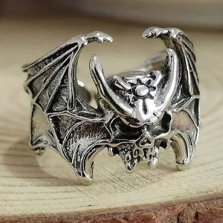 Skull with Horns & Wings Ring in Silver Finish
