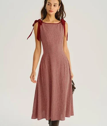 Rihoas Gingham Tie Strap Square Neck Midi Dress